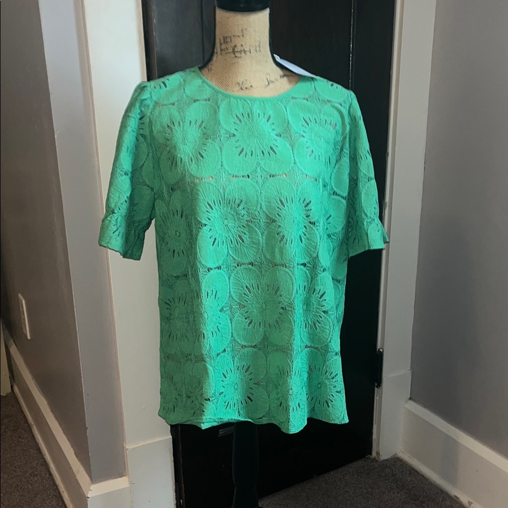 Amazon Women's Teal Lace Overlay Short Sleeve Blouse